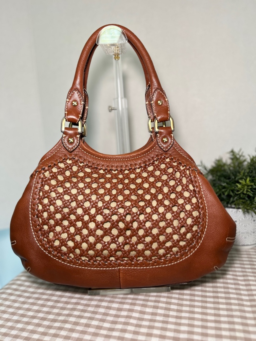 Y2K Cole Haan Paige Crochet Woven Leather Hobo with Gold Toned Hardware